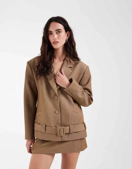 Женский пиджак ASOS Design оверсайз с поясом, серо-бежевый