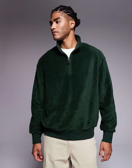 Флисовая толстовка ASOS DESIGN с объемным воротом и застежкой на четверть молнии темно-зеленого цвета mountain view