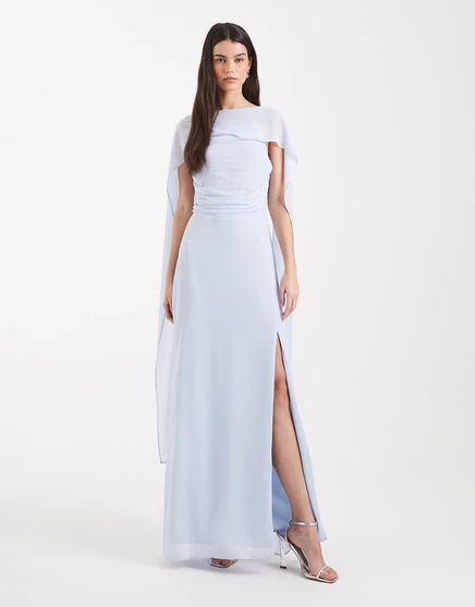Макси-платье TFNC Bridesmaid Lina с шифоновой накидкой и разрезом по бокам синего цвета blue