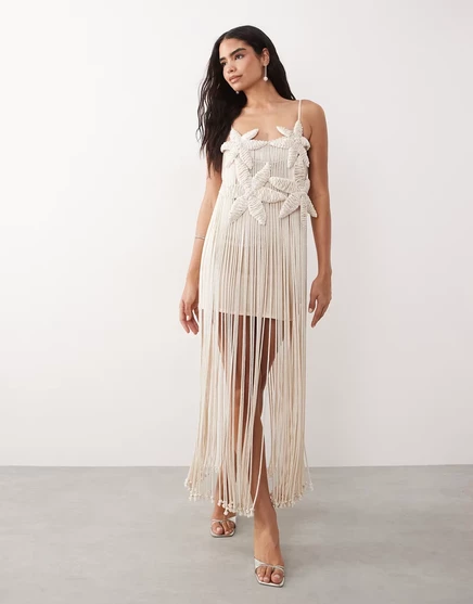 Женское макси-платье asos luxe вязаное с ракушками, кремовое