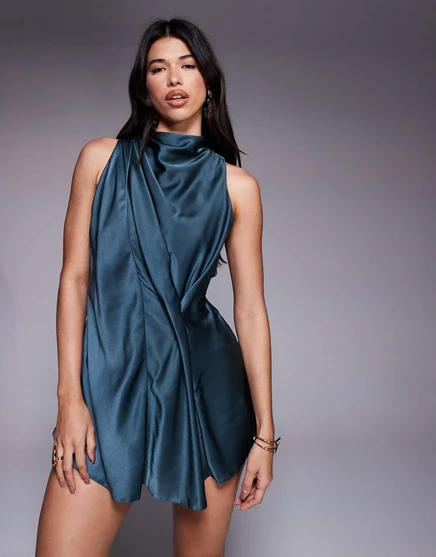 Атласный комбинезон ASOS DESIGN с высоким воротом и драпировкой бирюзового цвета teal
