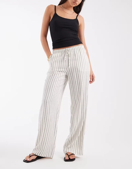 Широкие брюки Vero Moda из льна на ощупь с завязками на талии в кремовую полоску в полоску гардении