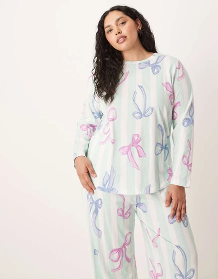 Пижамный комплект ASOS DESIGN Curve с рождественским бантом и длинными рукавами и брюками в синюю полоску blue stripe