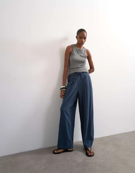 Topshop linen mix balloon pants with tie waist in slate slate