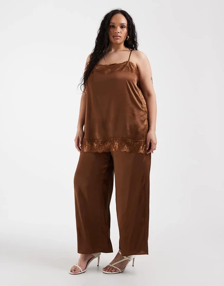 Женский комбинезон ASOS Curve сатиновый с кружевом, коричневый