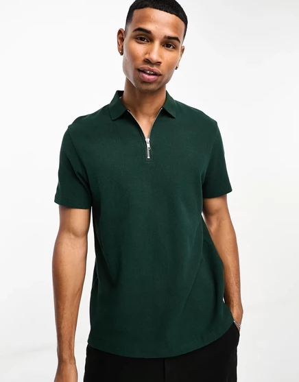 Темно-зеленая футболка-поло стандартного кроя с молнией ASOS DESIGN scarab green