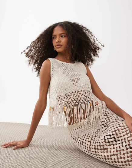Женский вязаный топ asos design с бахромой и бусинами, белый