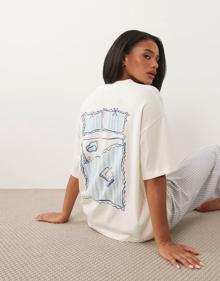 Женская пижама ASOS Design: вышитая футболка и полосатые брюки, синяя