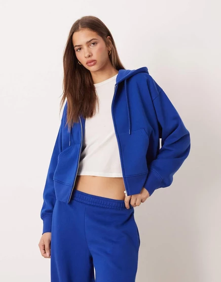 Укороченная толстовка с капюшоном на молнии темно-синего цвета от ASOS DESIGN blue