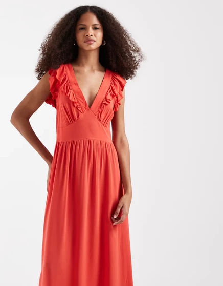 Женское платье Vero Moda Easy Joy миди с рюшами, коралловое