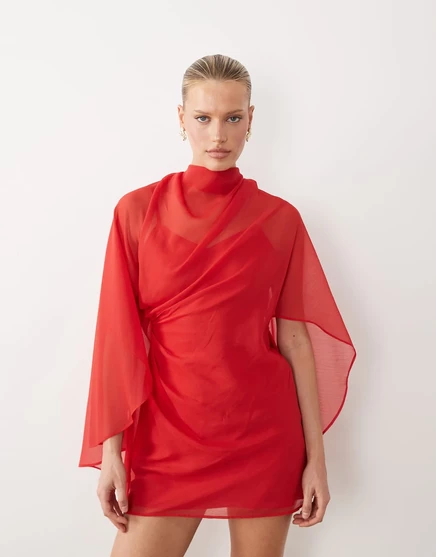 Мини-платье ASOS DESIGN с высоким вырезом и драпировкой спереди и длинными рукавами-накидками красного цвета red