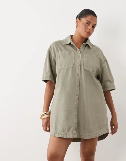 Женское джинсовое платье-рубашка ASOS Curve с карманами, хаки
