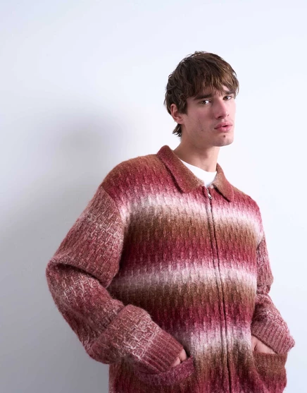 Вязаный кардиган на молнии из смеси шерсти Topman коричневого цвета brown