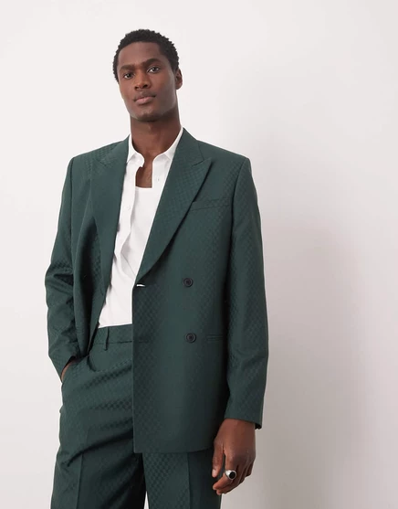 ДИЗАЙНЕРСКИЙ двубортный пиджак от обычного костюма ASOS зеленого цвета в клетку dark green