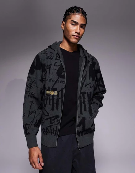 Вязаная толстовка на молнии Aape by A Bathing Ape черного цвета с принтом граффити по всему телу black