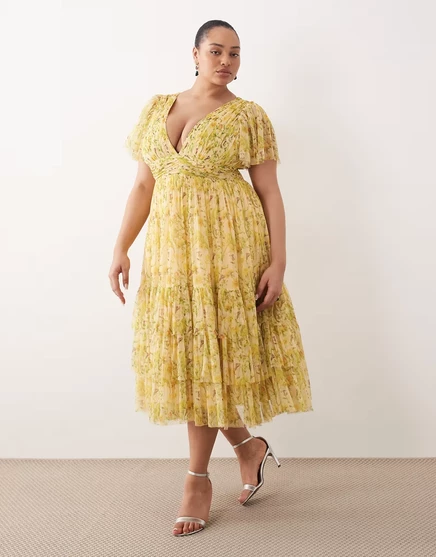Женское миди‑платье Lace & Beads Plus, желтое цветочное