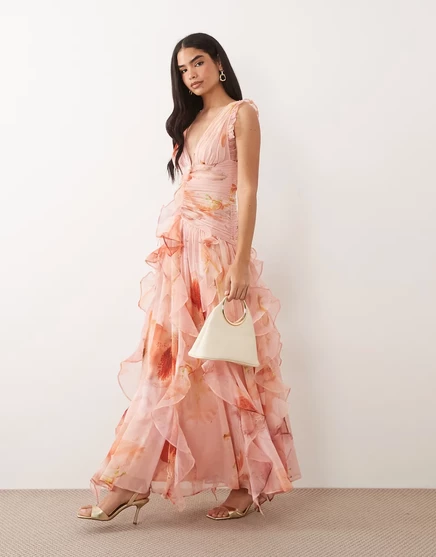 Женское макси-платье ASOS Luxe с драпировкой, розовый с принтом