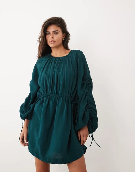 Женское мини-платье ASOS Design с кулиской и рукавами-буф, тёмно-бирюзовое