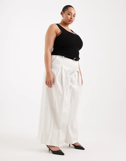 Брюки палаццо ASOS DESIGN Curve с поясом из льна в полоску цвета экрю в полоску цвета экрю