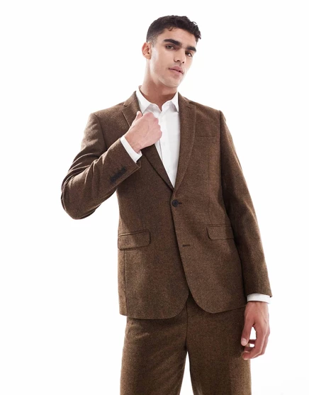 Приталенный пиджак для костюма из смеси шерсти ASOS DESIGN темно-коричневого цвета dark brown