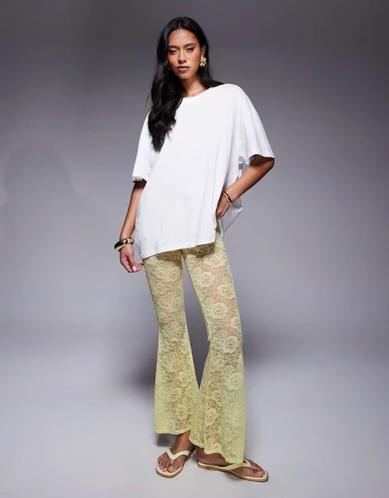Брюки из прозрачного кружева с завышенной талией от ASOS DESIGN extreme flare желтого цвета yellow