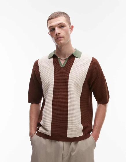 Трикотажная рубашка-поло с воротником-стойкой Topman color block в шалфеевом и нейтральном цветах sage/neutral