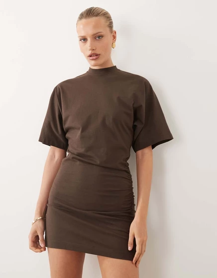 Noughts &amp Kisses cotton soft touch sculpted high neck ruched waist mini dress in chocolate chocolate