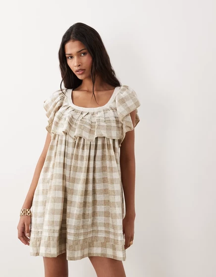 Женское мини-платье ASOS Design с рюшами, в клетку, бежевое