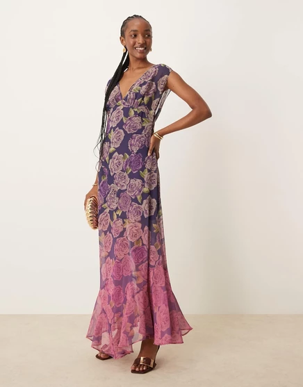 Макси-платье ASOS DESIGN с v-образным вырезом и цветочным принтом в стиле омбре ombre floral print