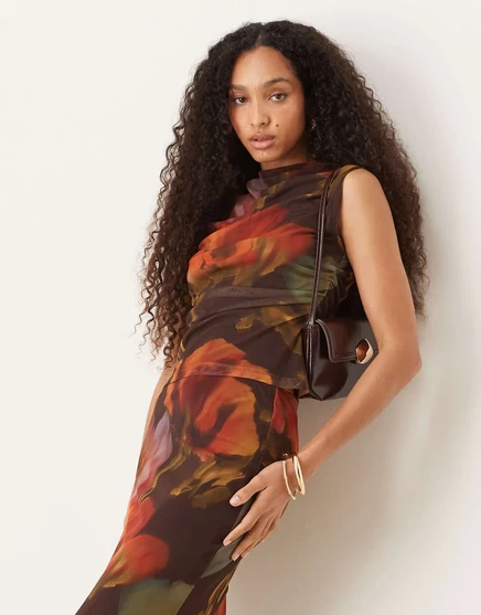 Топ с цветочным принтом ASOS DESIGN mesh blur коричневого цвета - часть комплекта brown