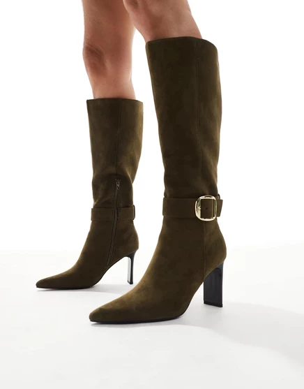 Ботфорты на высоком каблуке London Rebel Leah kitten с пряжками оливкового цвета olive microsuede
