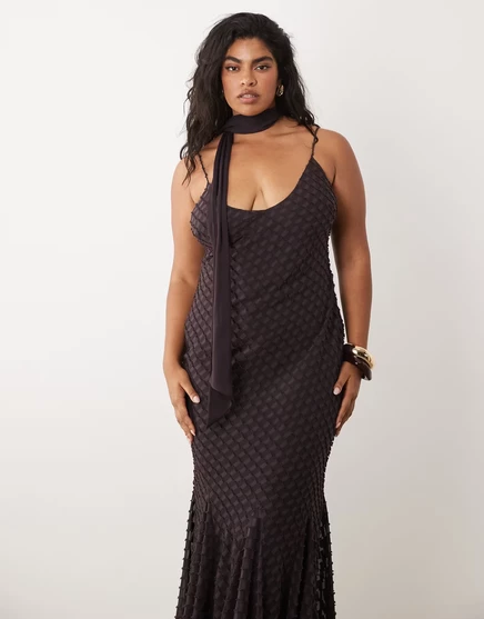 Женское платье-комбинация ASOS Curve с шарфом, шоколадное