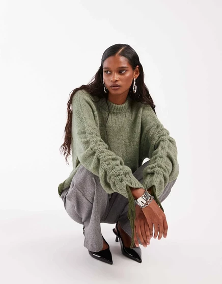 ДИЗАЙНЕРСКИЙ свитер ASOS с рюшами на рукавах зеленого цвета green