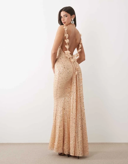 Oh Polly premium embellished open-back floral detailing maxi dress in almond brown