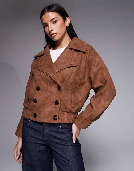 Двубортная куртка-бомбер в стиле тренч из замши River island светло-коричневого цвета brown