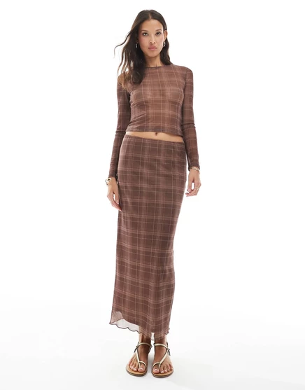 Макси-юбка из прозрачной сетки Vero Moda в клетку цвета мокко - часть комплекта mocha check