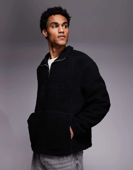 Плюшевый свитшот ASOS DESIGN с объемным воротом и застежкой-молнией teddy черного цвета black