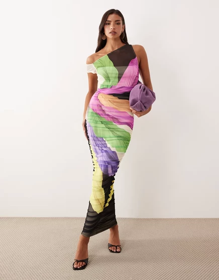 Женское миди-платье AFRM Biona на одно плечо со сборками, яркий перьевой принт