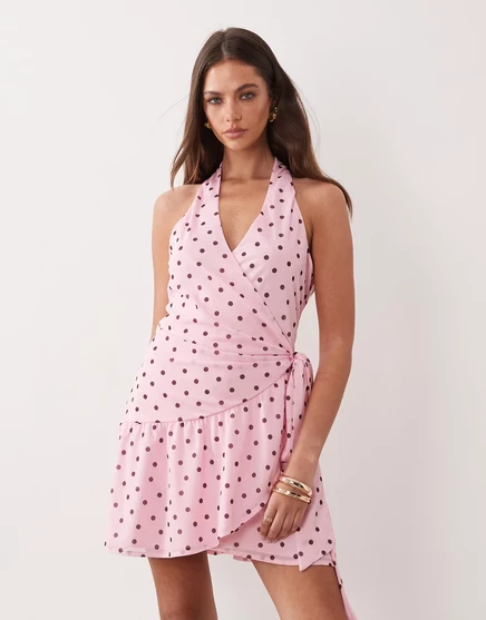 Женское мини-платье Gina Tricot прозрачное на запах в горох, розовое
