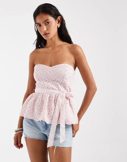 Женский топ Hollister корсетный бандо с кружевом и бантом, светло-розовый