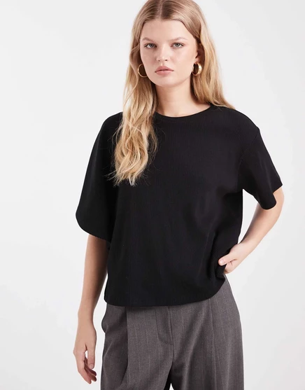 Плотная футболка ASOD DESIGN в рубчик с коротким рукавом-водопадом черного цвета black