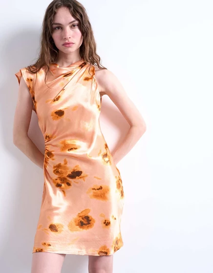 Мини-платье Topshop grown с рюшами на талии на одно плечо и принтом multi
