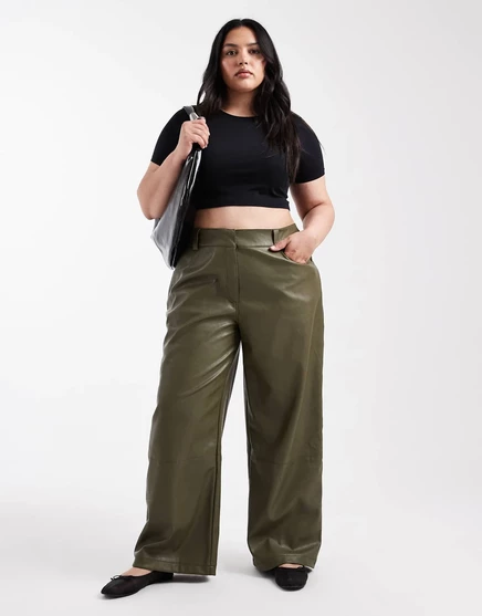 Женские брюки ASOS Curve из экокожи, темно-зеленые