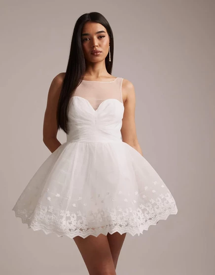 Свадебное платье Bardot Hilda Bridal без рукавов с прозрачной вставкой и вырезом сердечком, мини-платье с пышной юбкой цвета слоновой кости