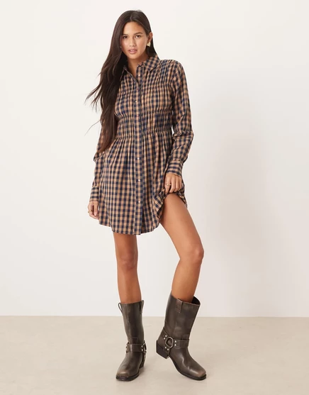 ДИЗАЙНЕРСКОЕ мини-платье-рубашка ASOS с завышенной талией из коричневой ткани tan check