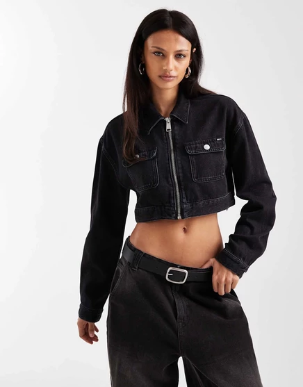 Женская джинсовая укороченная куртка Tommy Jeans на молнии, черная