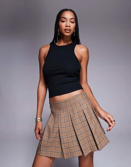 Женская юбка ASOS Design плиссированная мини, приталенная, в коричневую клетку