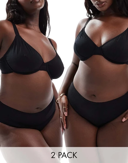 ASOS DESIGN Curve 2 упаковки бразильских брифов из хлопка Mila черного цвета black