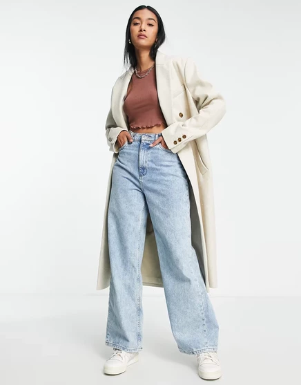 Двубортное длинное пальто овсяного кроя Topshop