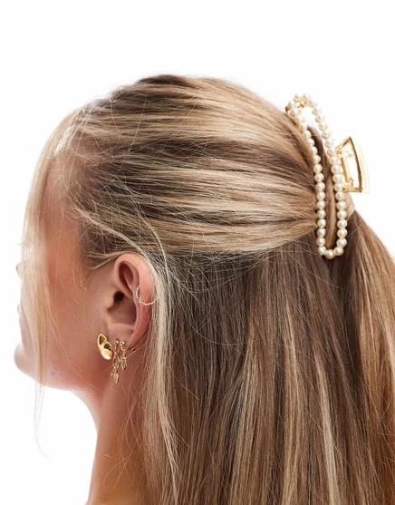 Pieces XL прямоугольная жемчужная заколка для волос из белого золота white/gold